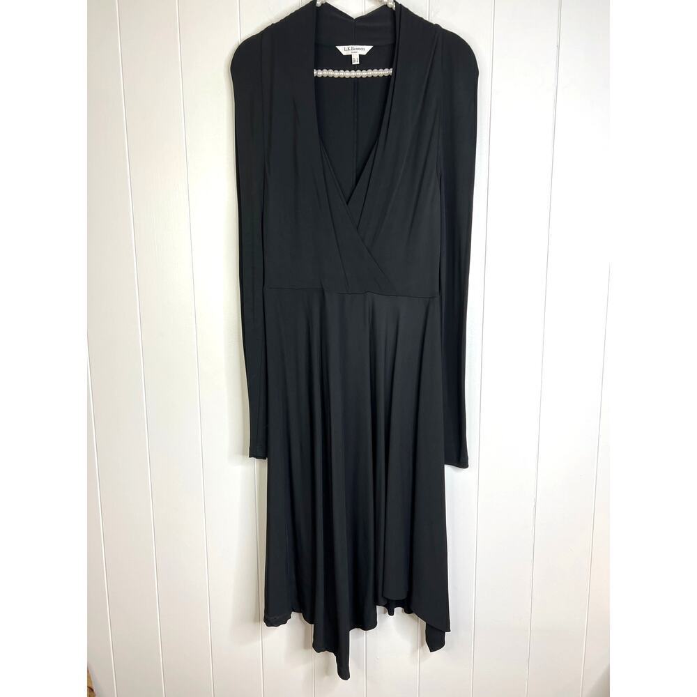 L.K.Bennett London Black Faux Wrap Asymmetrical Hem Long Sleeve Midi Dress SZ 10
